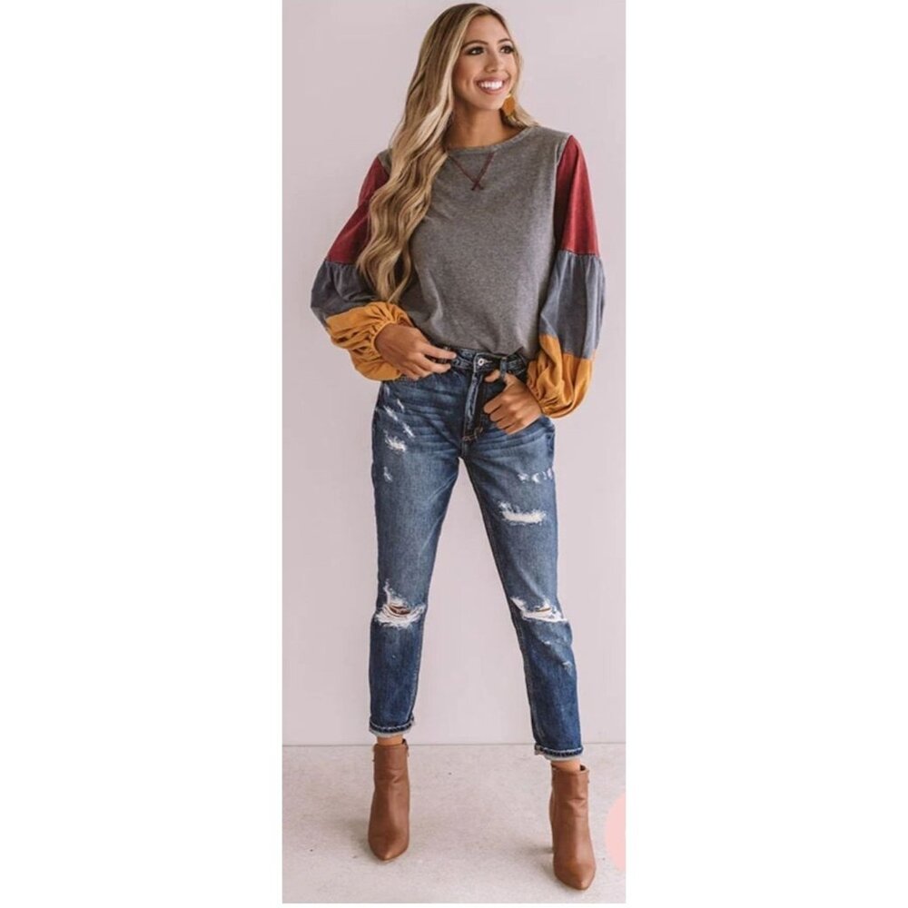 Oddy Color Block Pull Over Balloon Sleeves with Gray Body Ladies Size Small